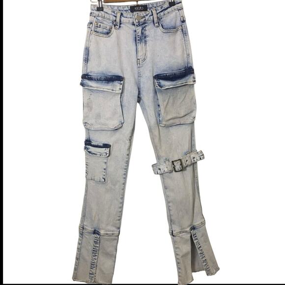 Akira Jeans Women's Size 25 Ultra High Waisted Skinny Cargo Stone Wash Distress - Picture 1 of 8